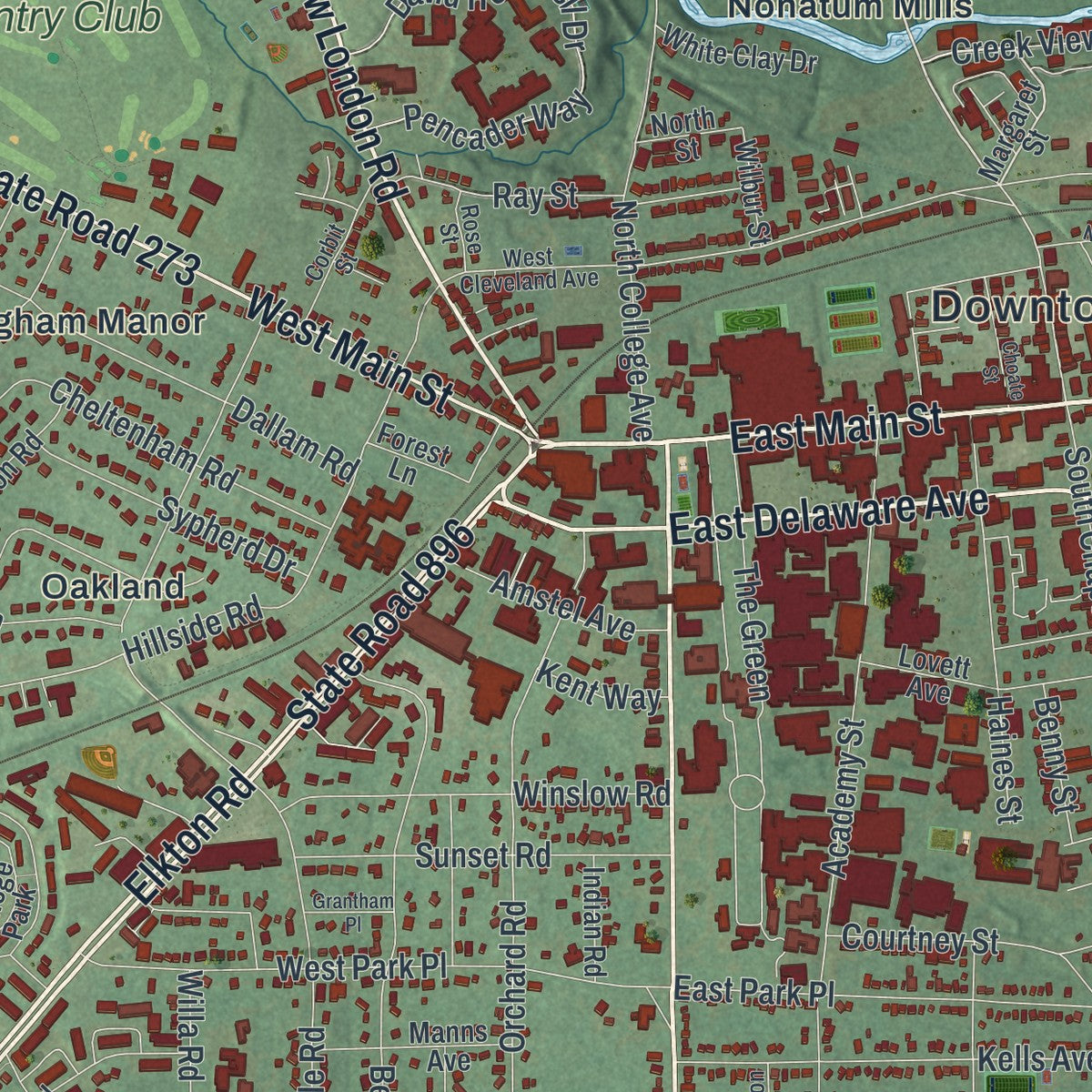 Close-up of the map of Newark, Delaware print showing street and building detail