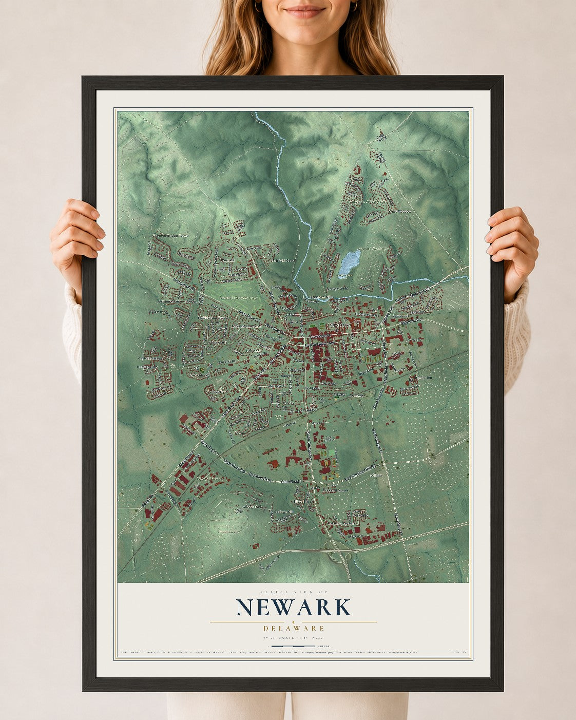 Map of Newark, Delaware, 24 x 36 inch print in a black wood frame