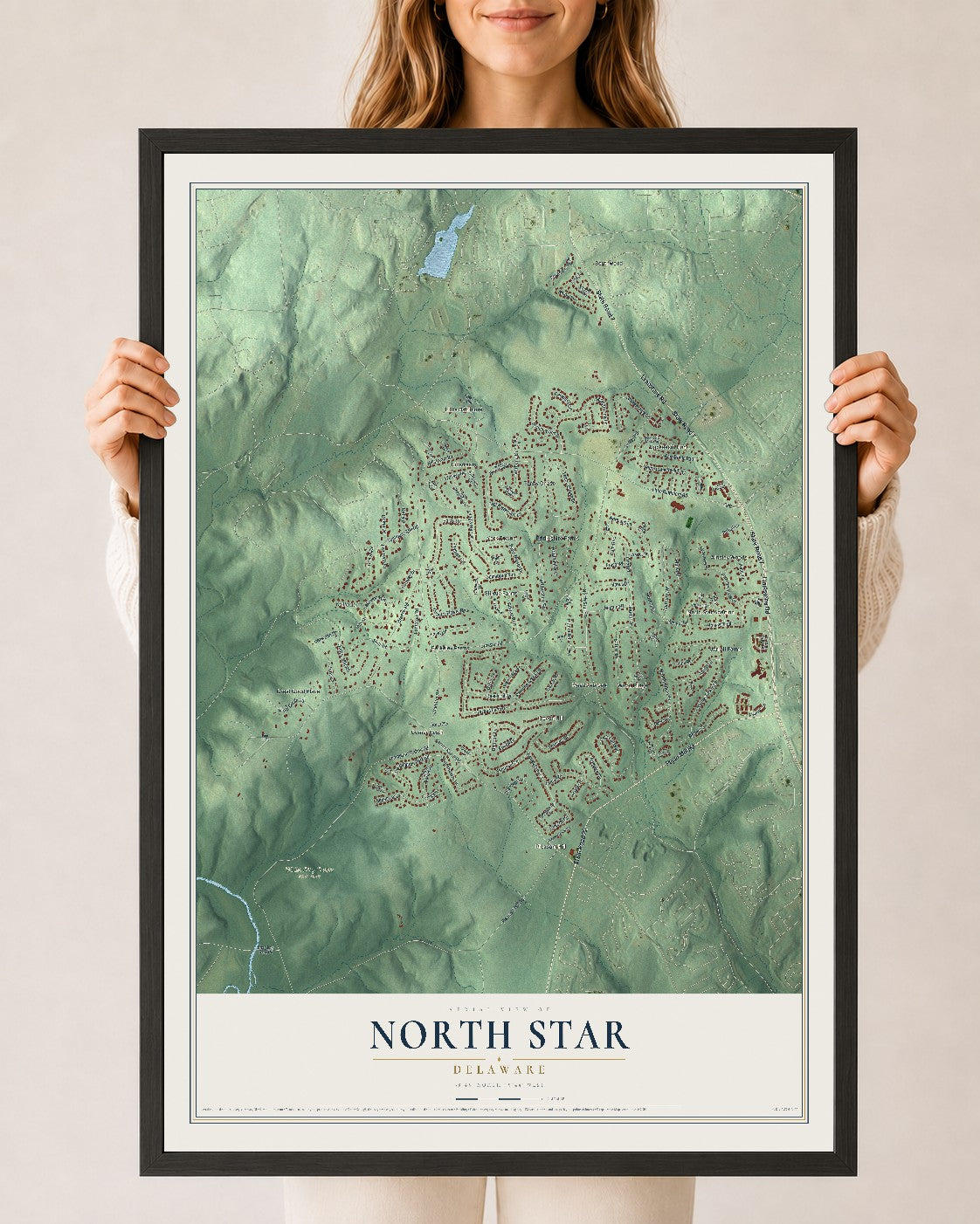 Map of North Star, Delaware, 24 x 36 inch print in a black wood frame