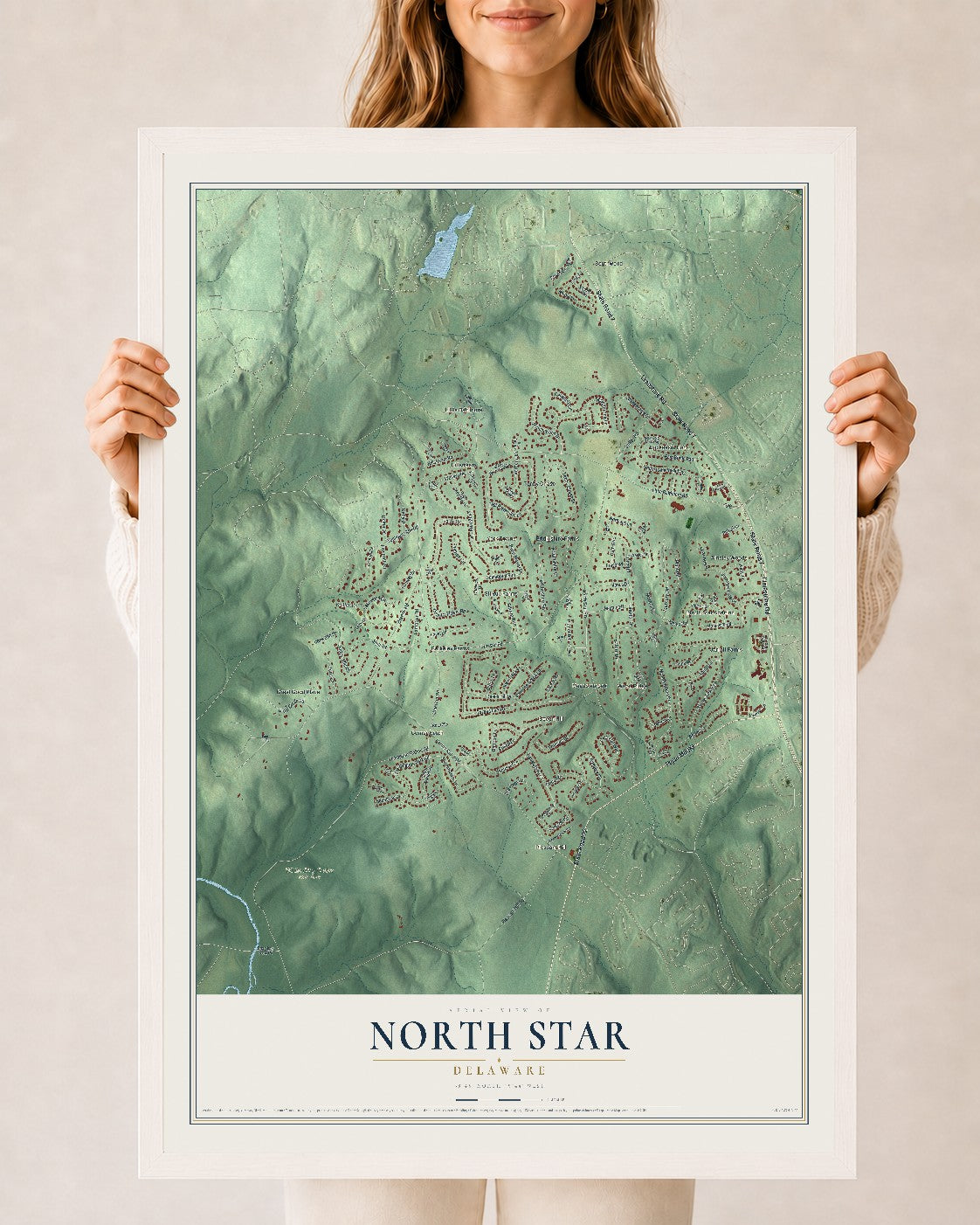 Map of North Star, Delaware, 24 x 36 inch print in a white wood frame