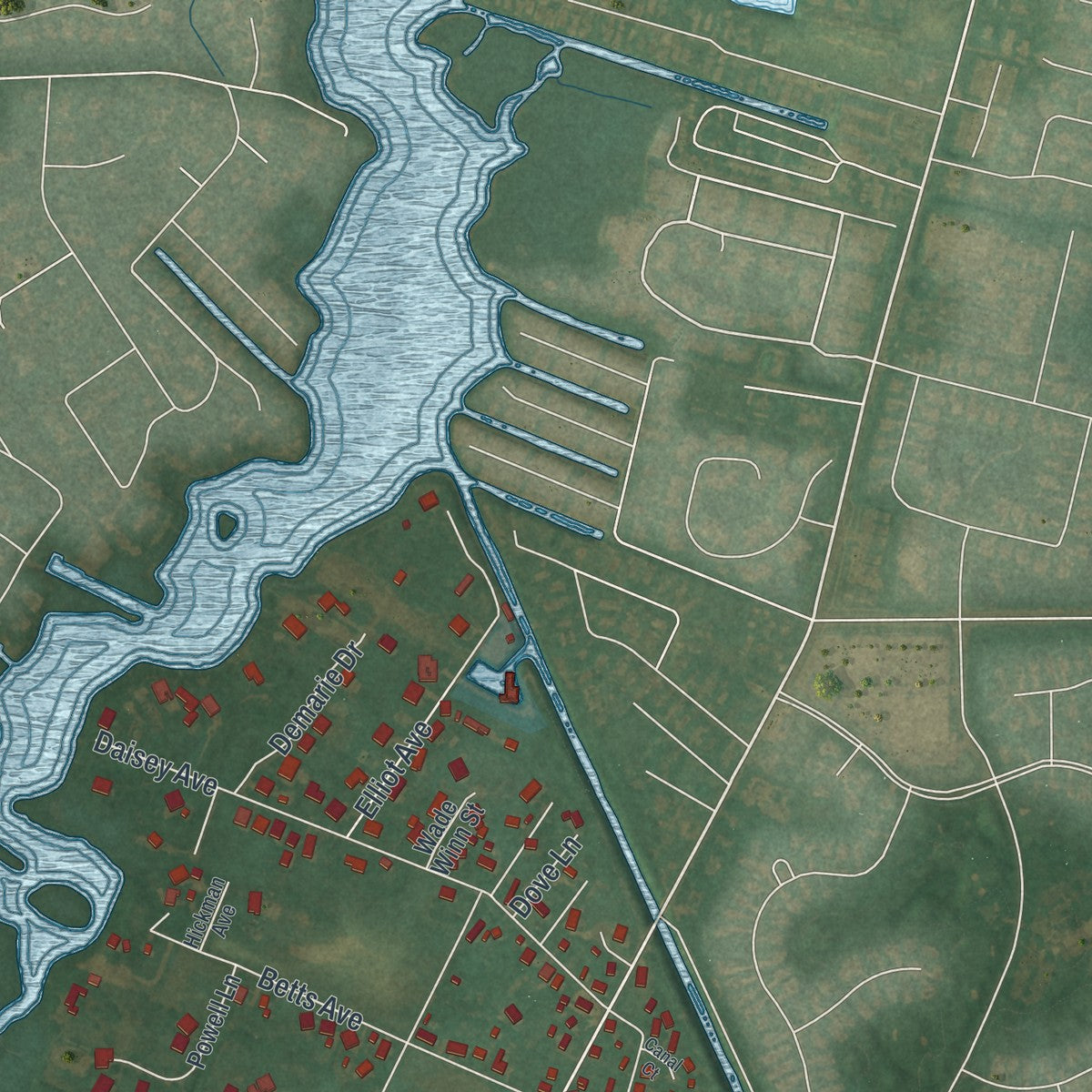 Close-up of the map of Ocean View, Delaware print showing street and building detail
