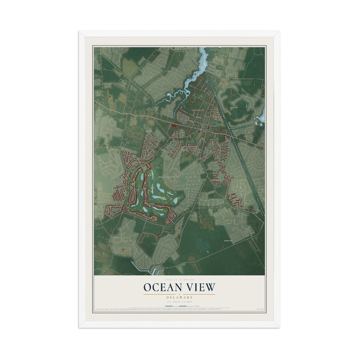 Map of Ocean View, Delaware, 12 x 18 inch print in a white wood frame