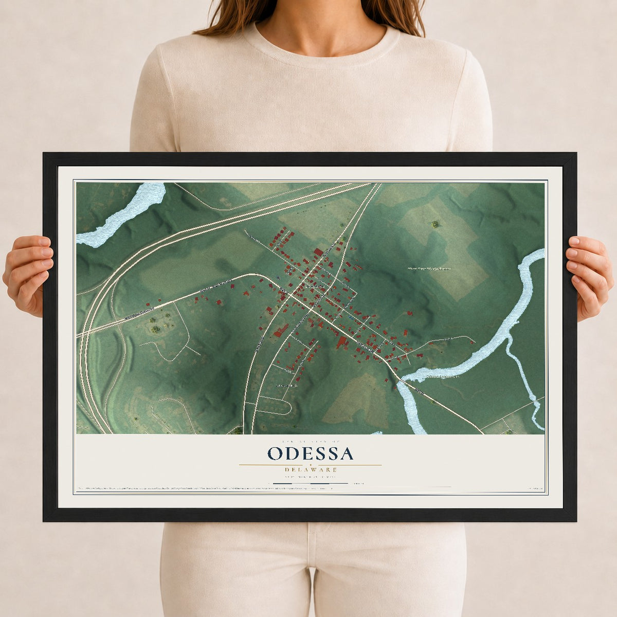 Map of Odessa, Delaware, 12 x 18 inch print in a black wood frame