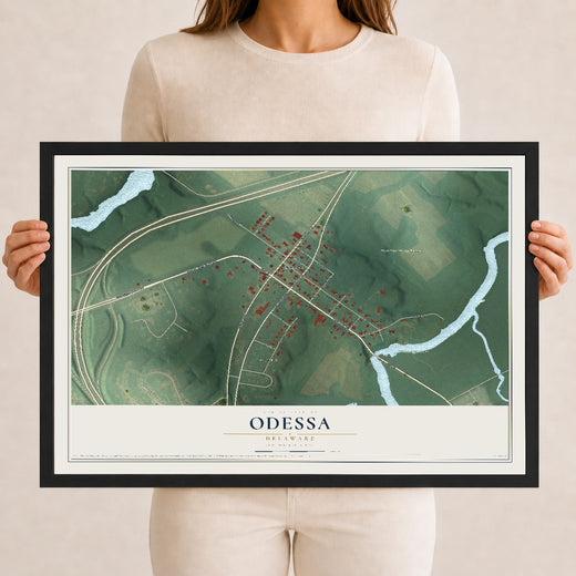 Map of Odessa, Delaware, 12 x 18 inch print in a black wood frame