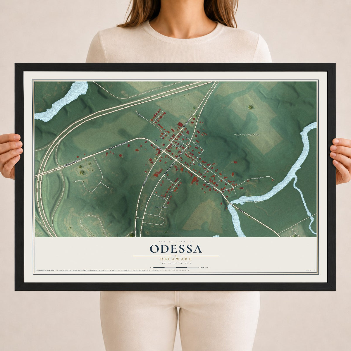 Map of Odessa, Delaware, 18 x 24 inch print in a black wood frame