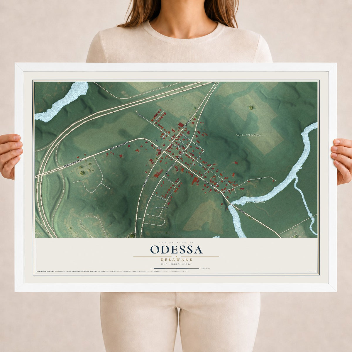 Map of Odessa, Delaware, 18 x 24 inch print in a white wood frame