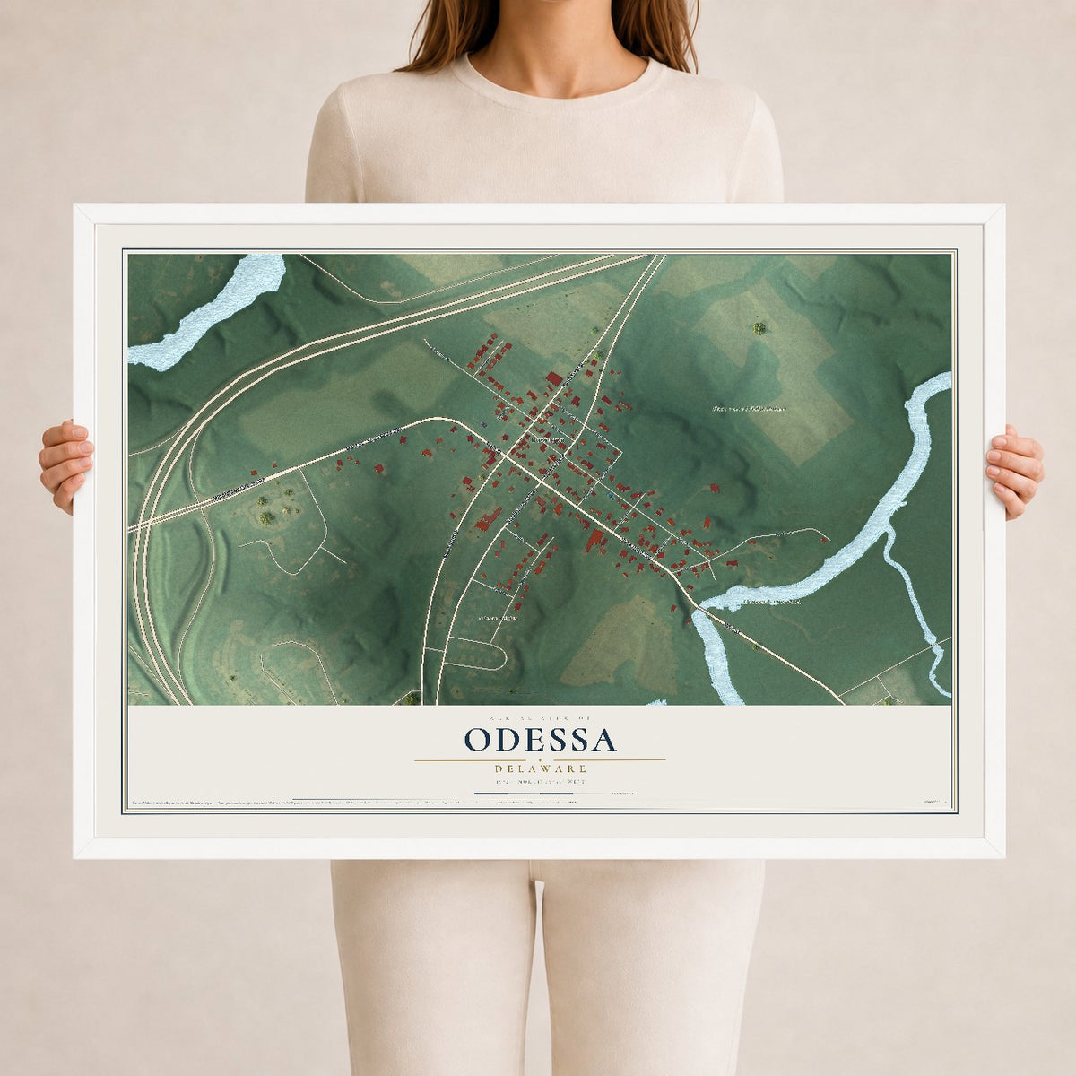 Map of Odessa, Delaware, 24 x 36 inch print in a white wood frame