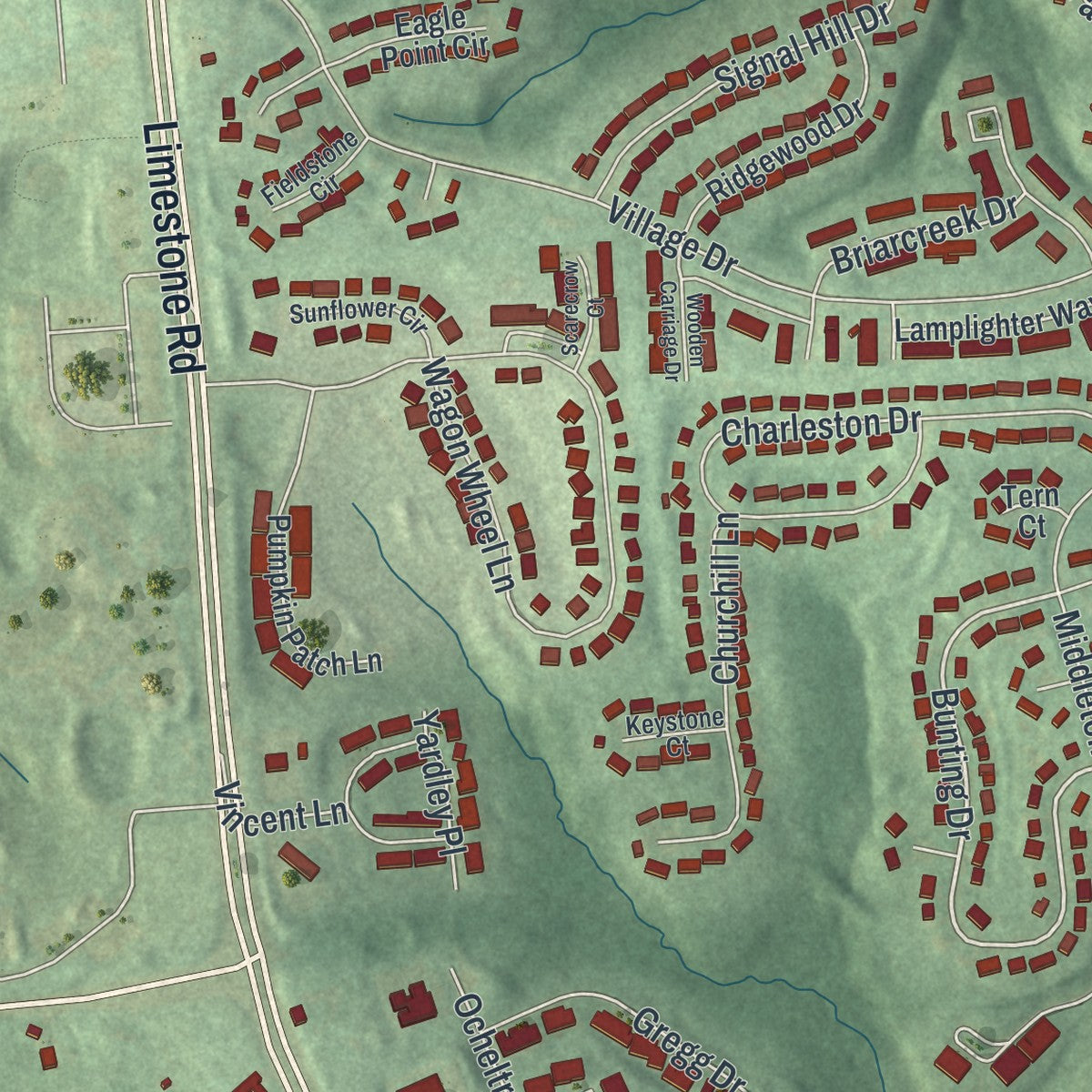 Close-up of the map of Pike Creek, Delaware print showing street and building detail
