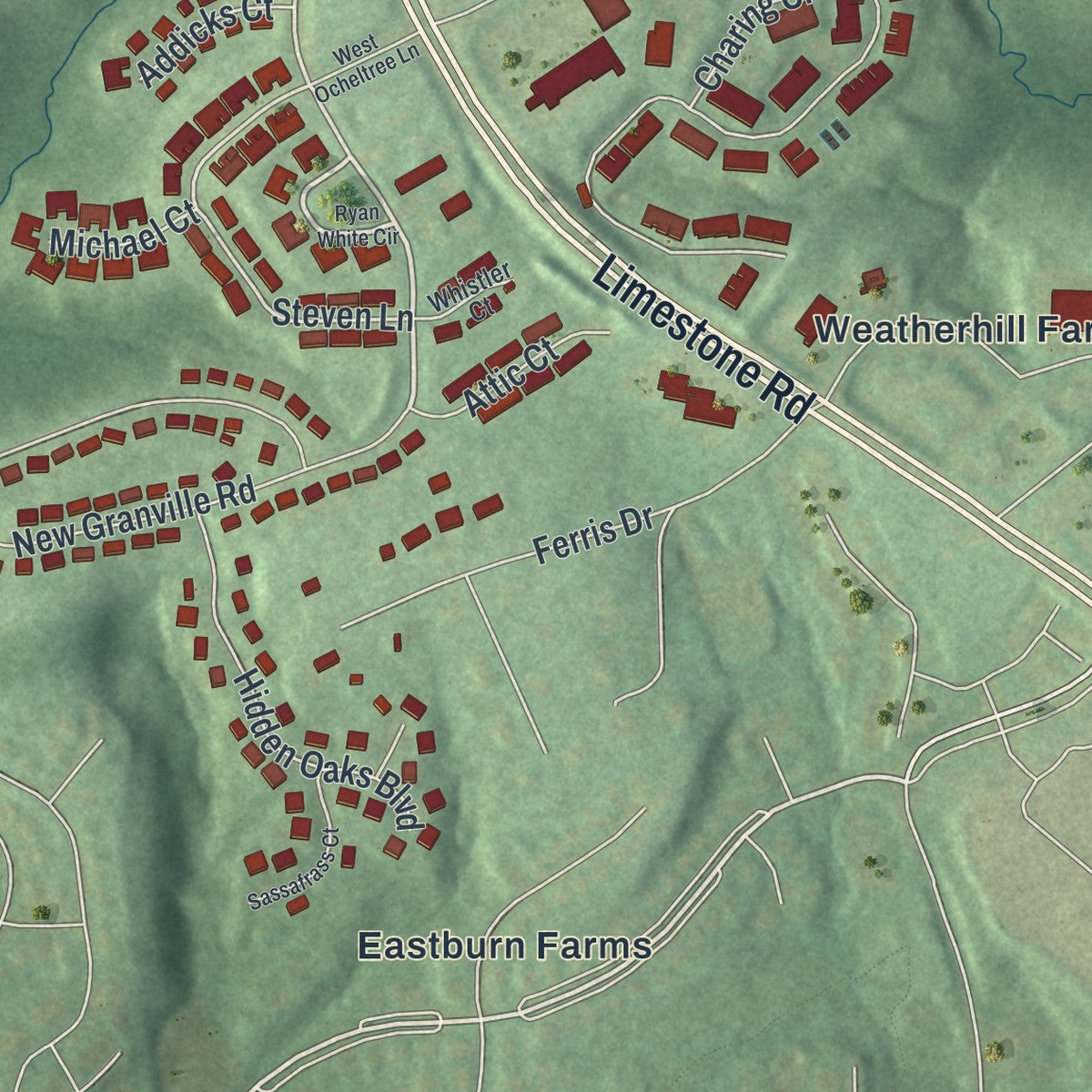 Second close-up of the map of Pike Creek, Delaware print showing more streets and buildings