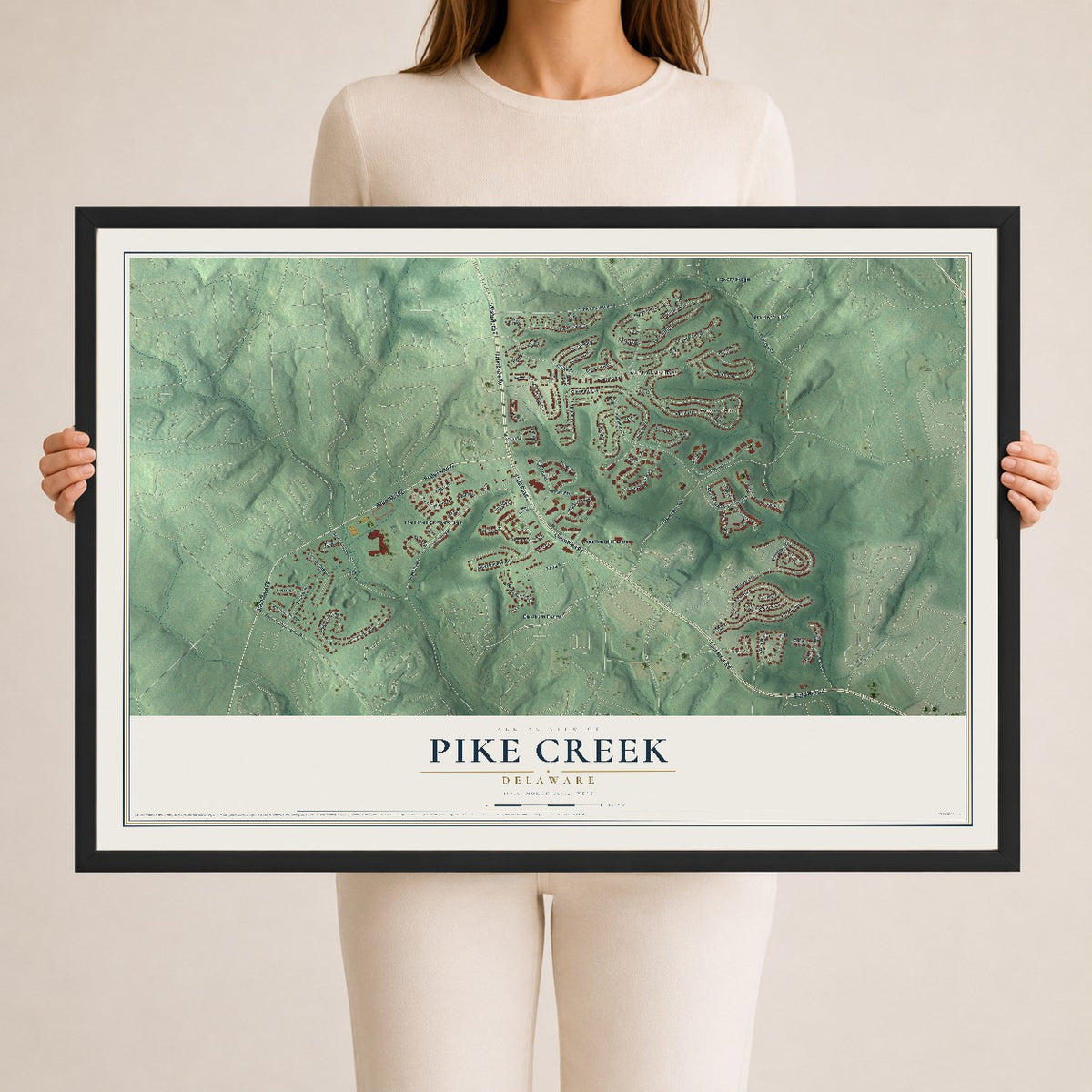 Map of Pike Creek, Delaware, 24 x 36 inch print in a black wood frame