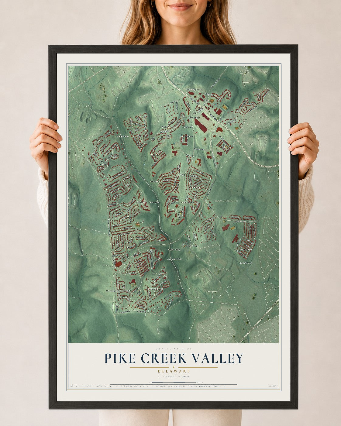 Map of Pike Creek Valley, Delaware, 24 x 36 inch print in a black wood frame