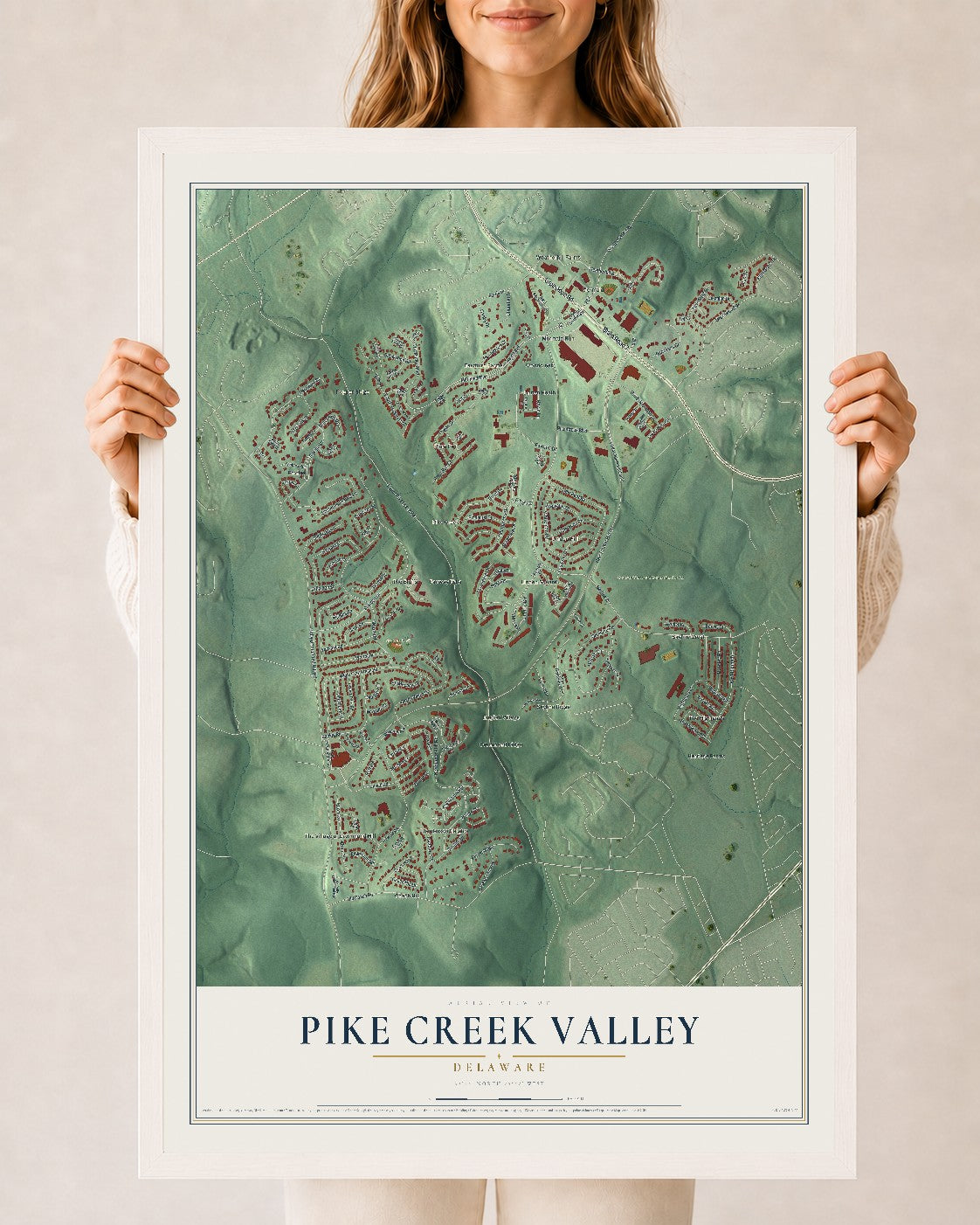 Map of Pike Creek Valley, Delaware, 24 x 36 inch print in a white wood frame
