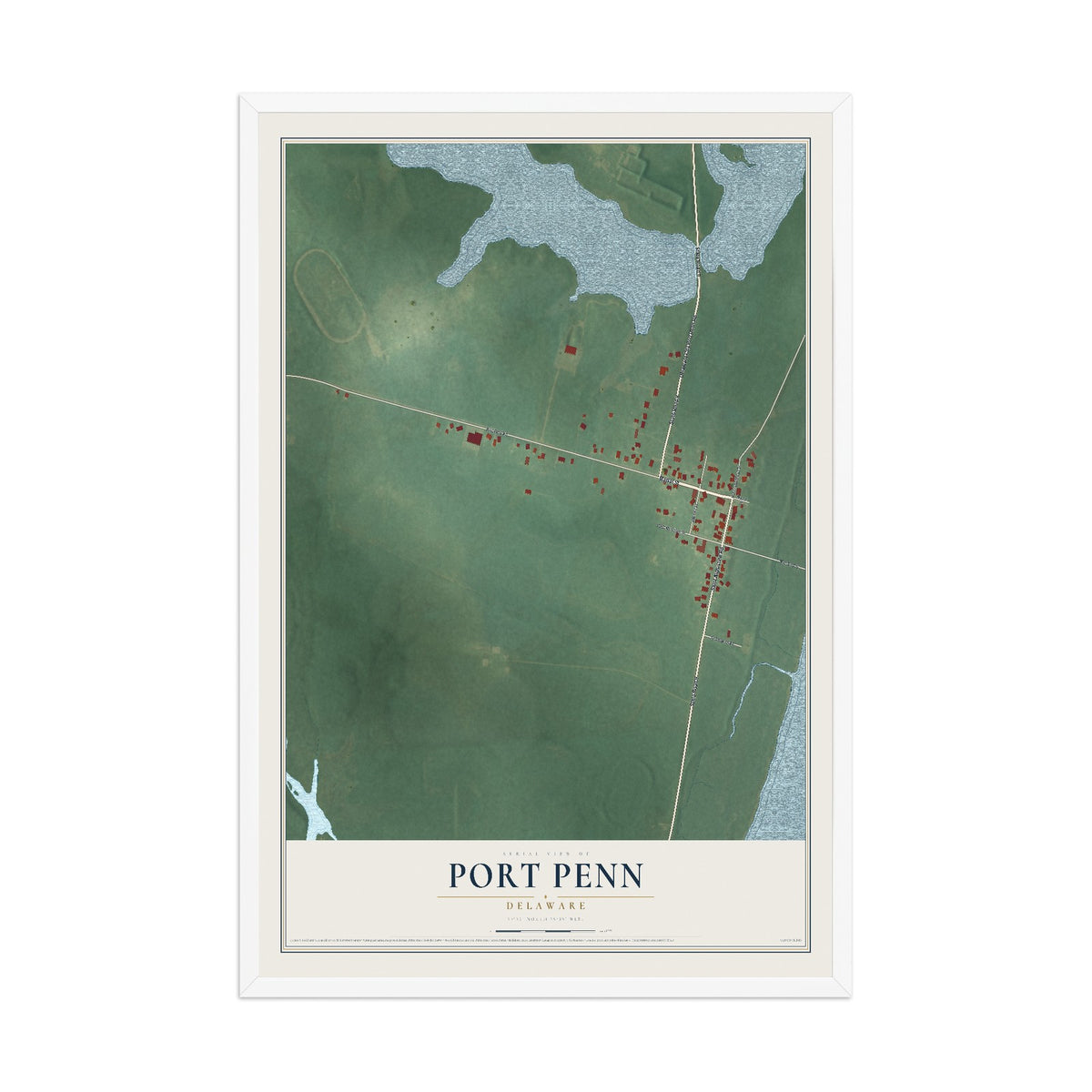 Map of Port Penn, Delaware, 12 x 18 inch print in a white wood frame