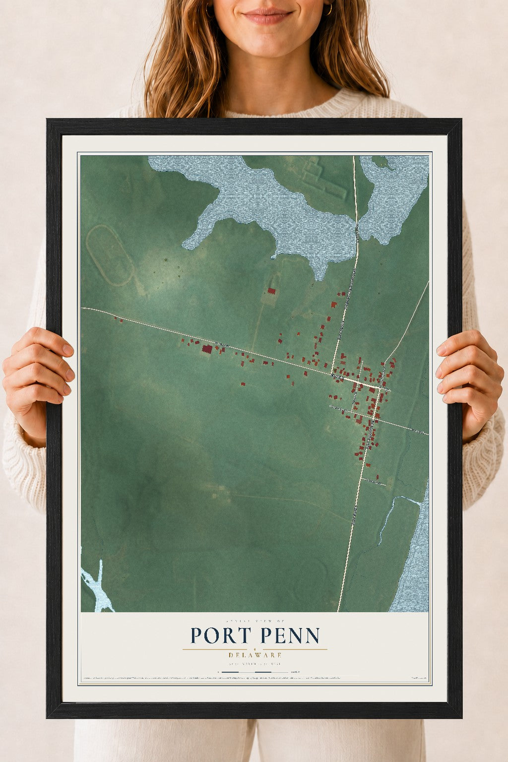 Map of Port Penn, Delaware, 18 x 24 inch print in a black wood frame