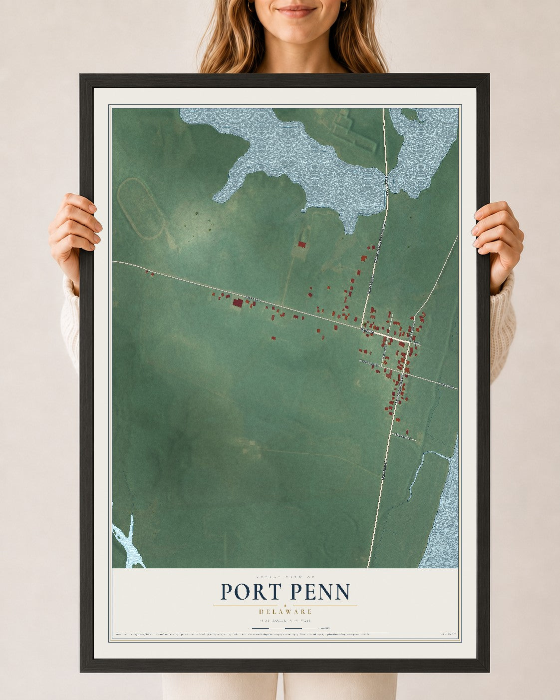 Map of Port Penn, Delaware, 24 x 36 inch print in a black wood frame