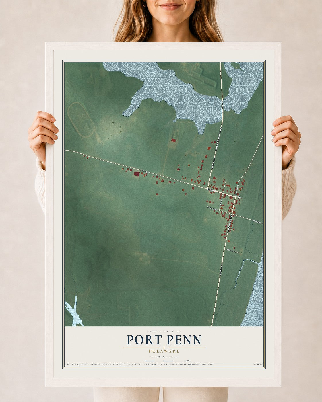 Map of Port Penn, Delaware, 24 x 36 inch print in a white wood frame