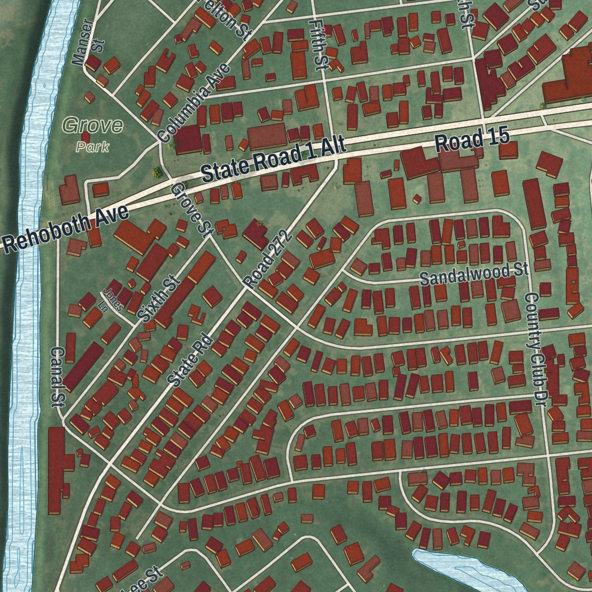 Second close-up of the map of Rehoboth Beach, Delaware print showing more streets and buildings