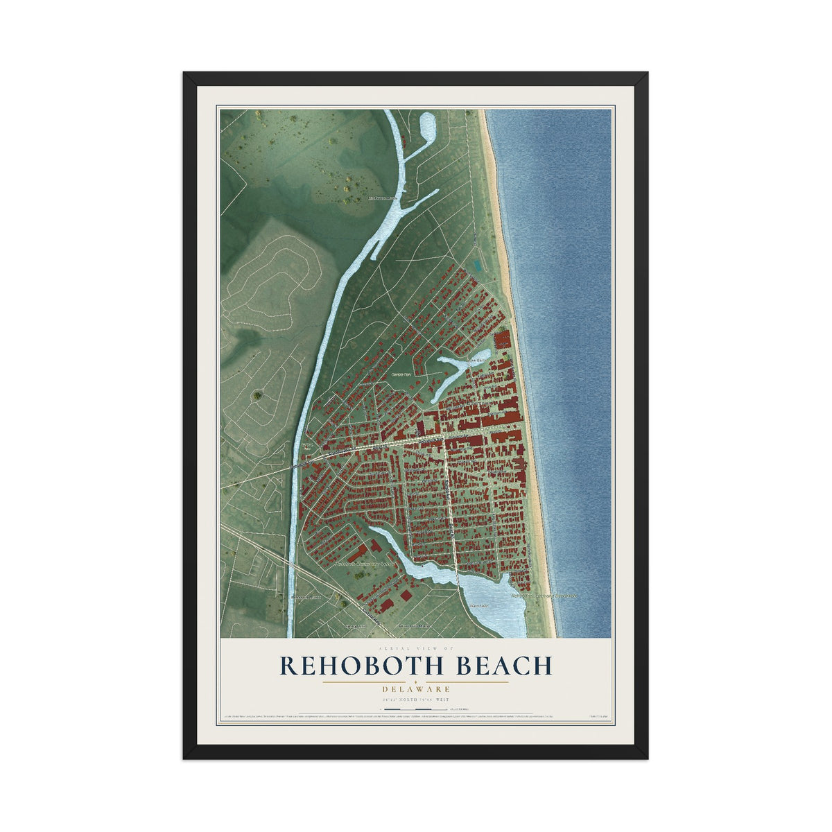 Map of Rehoboth Beach, Delaware, 12 x 18 inch print in a black wood frame