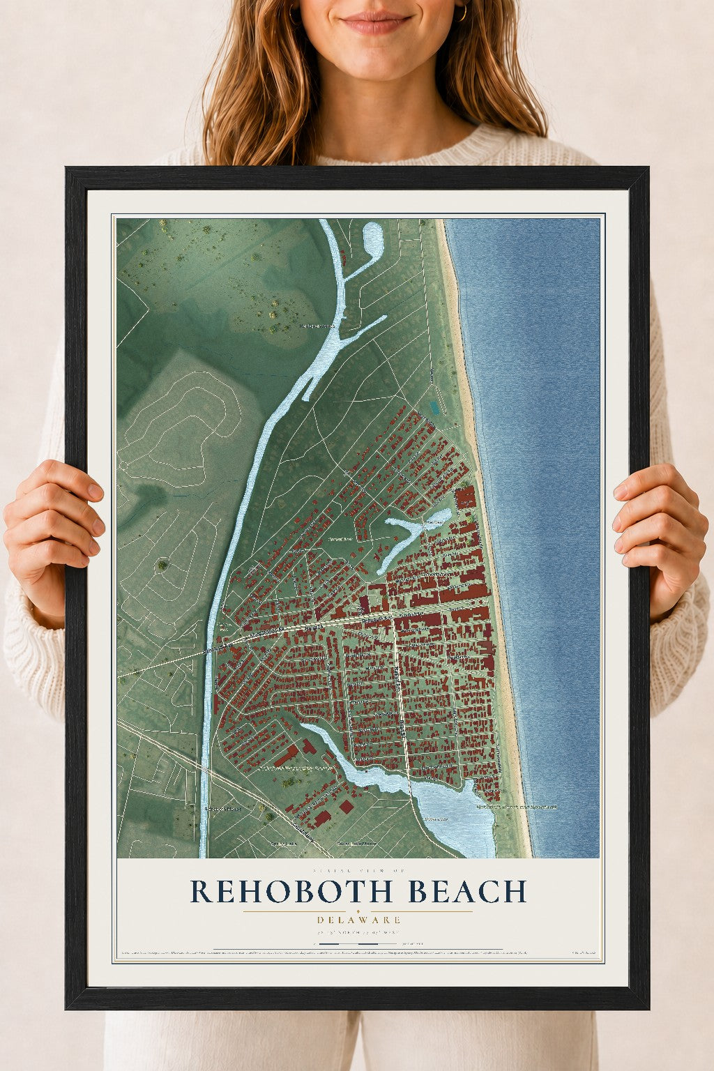 Map of Rehoboth Beach, Delaware, 18 x 24 inch print in a black wood frame