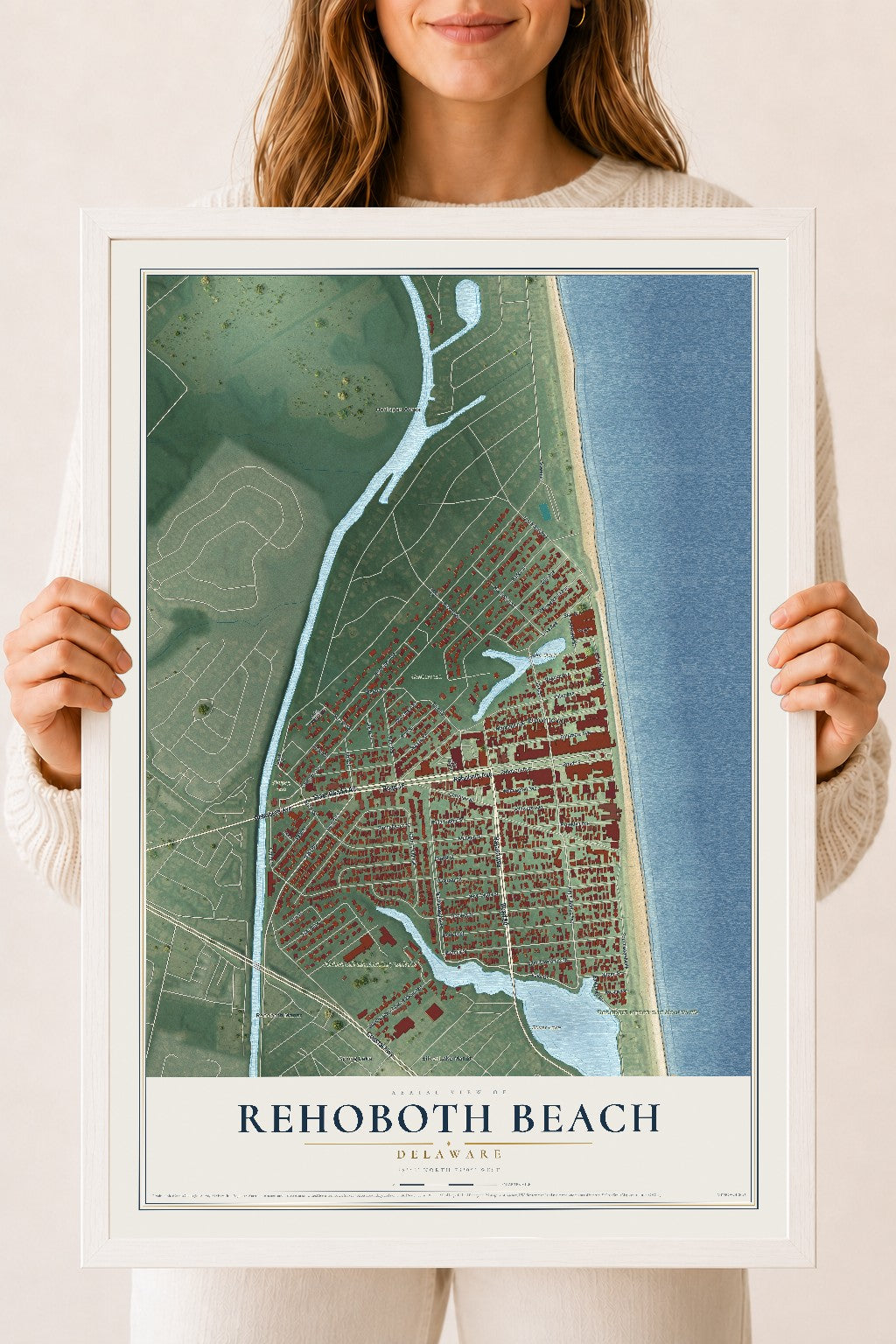 Map of Rehoboth Beach, Delaware, 18 x 24 inch print in a white wood frame