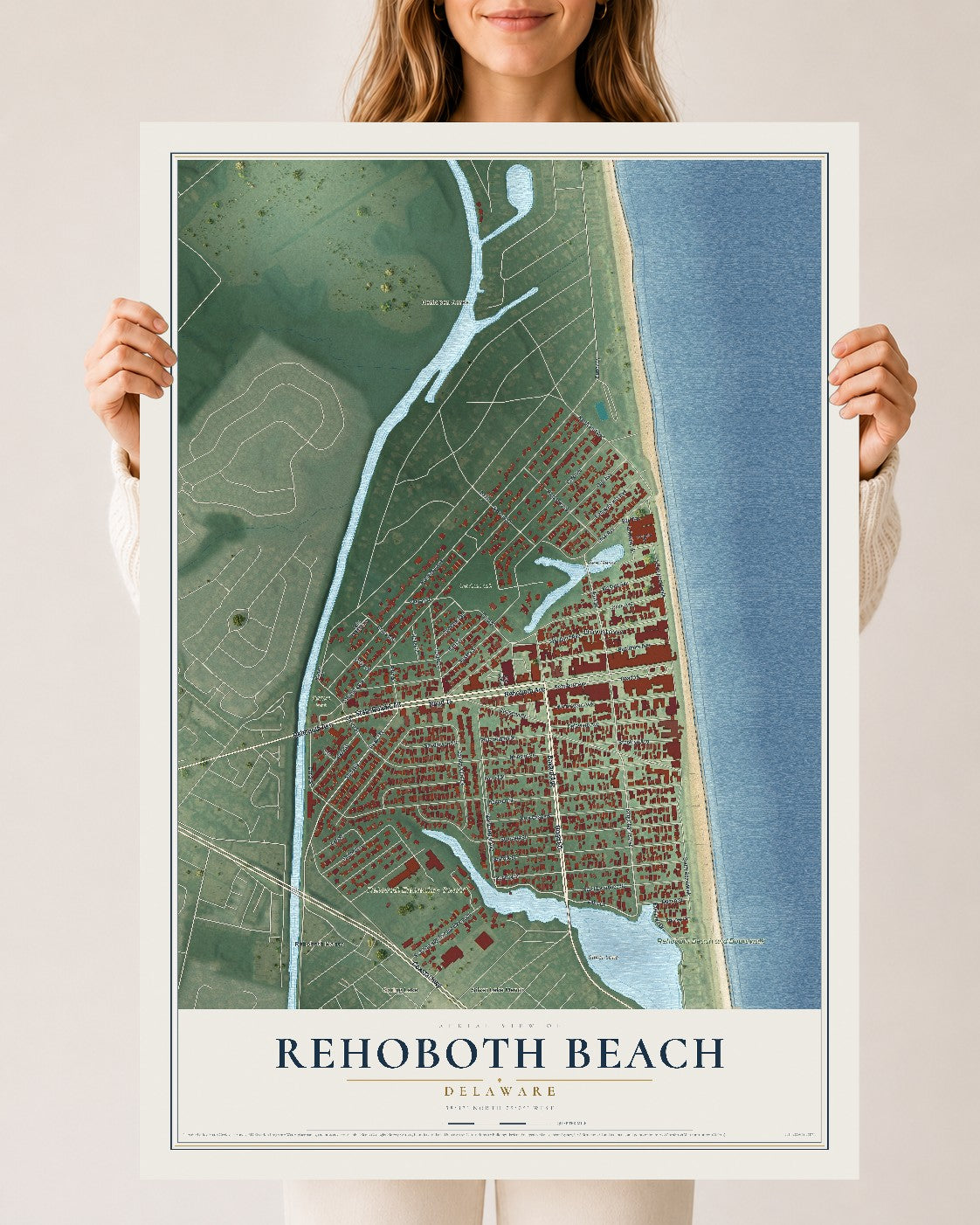 Map of Rehoboth Beach, Delaware, 24 x 36 inch unframed archival matte print