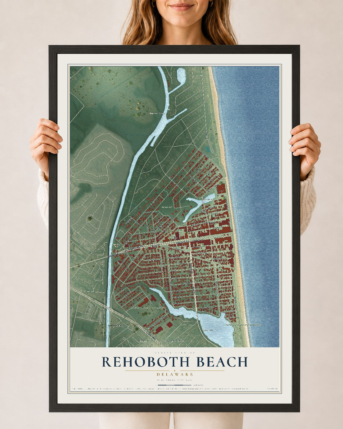 Map of Rehoboth Beach, Delaware, 24 x 36 inch print in a black wood frame