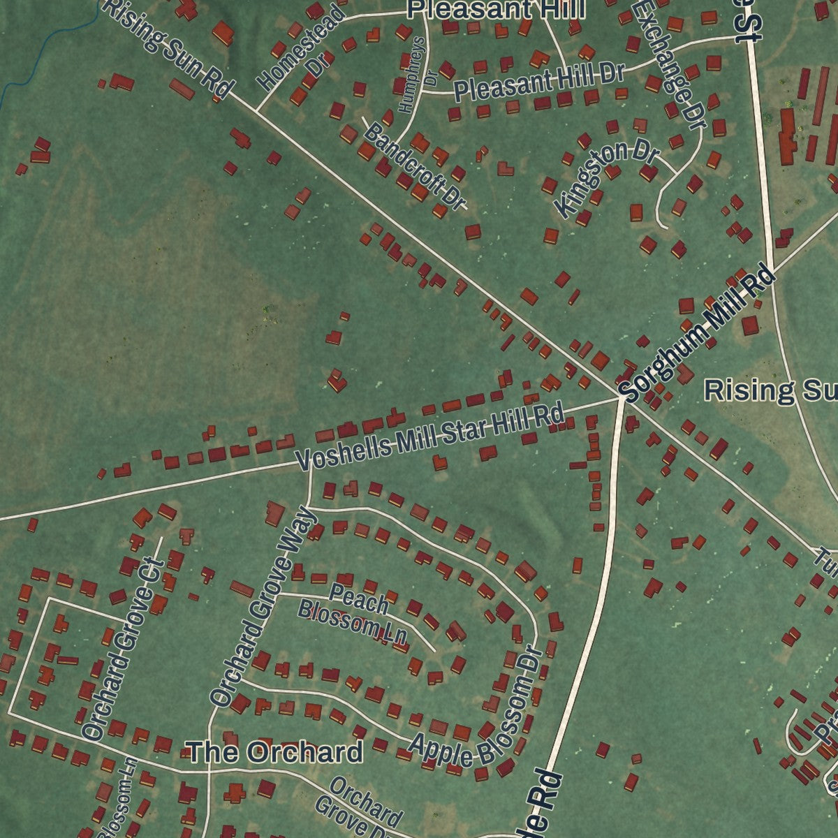 Close-up of the map of Rising Sun-Lebanon, Delaware print showing street and building detail
