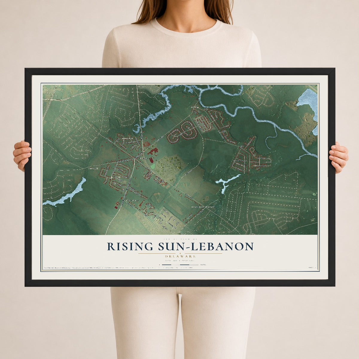 Map of Rising Sun-Lebanon, Delaware, 24 x 36 inch print in a black wood frame