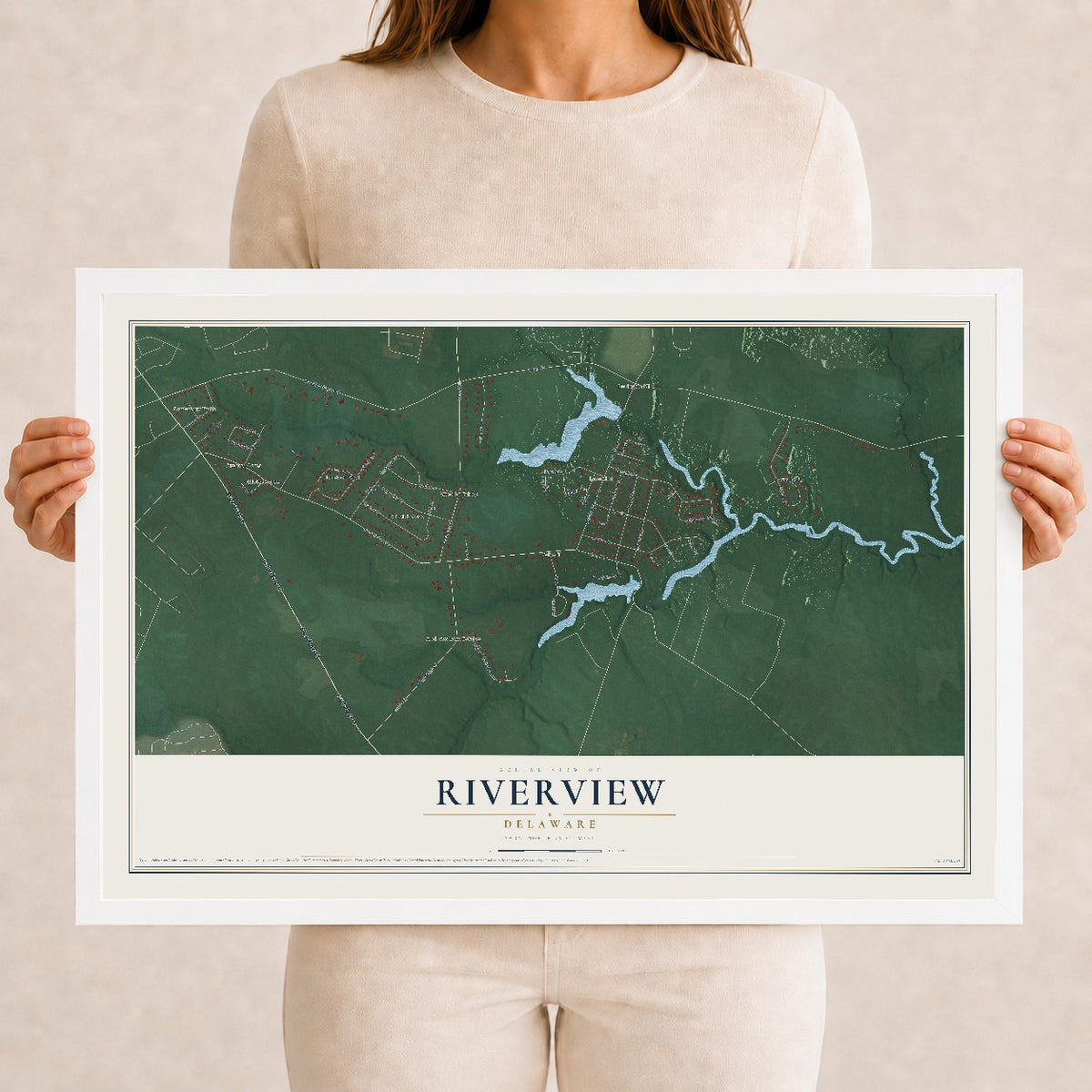 Map of Riverview, Delaware, 12 x 18 inch print in a white wood frame