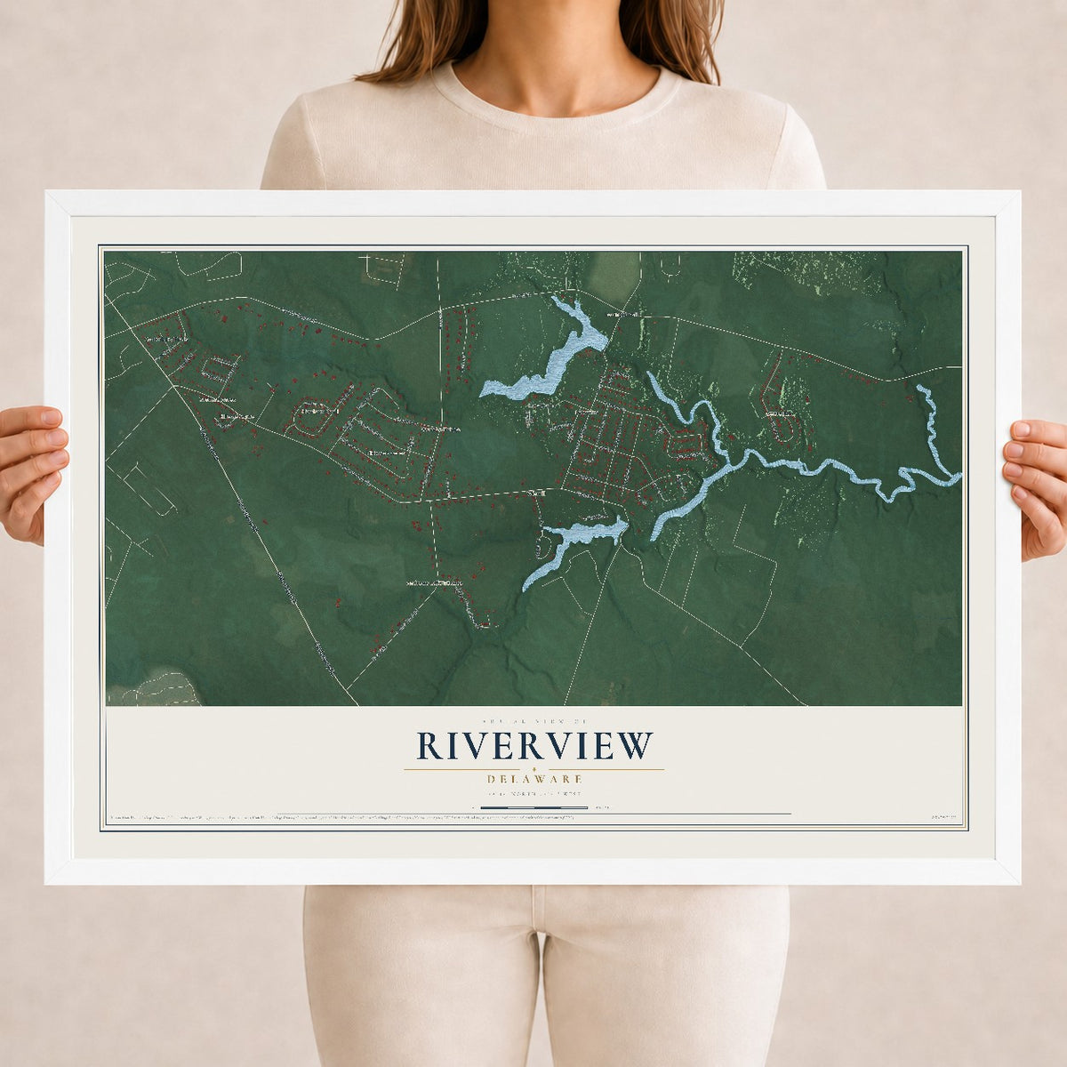 Map of Riverview, Delaware, 18 x 24 inch print in a white wood frame