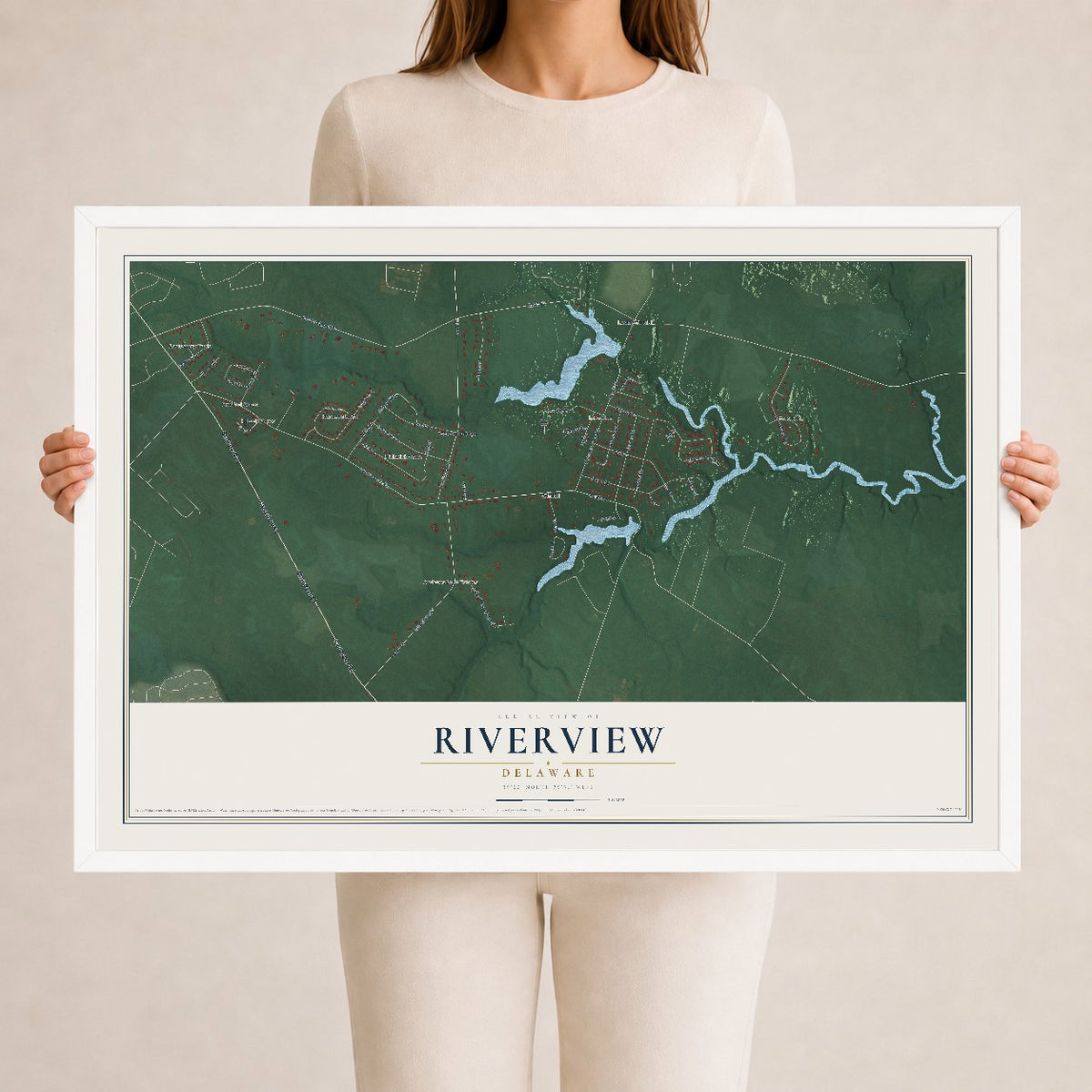 Map of Riverview, Delaware, 24 x 36 inch print in a white wood frame