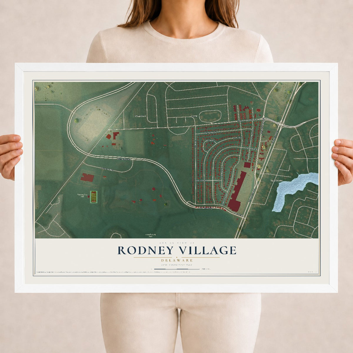 Map of Rodney Village, Delaware, 18 x 24 inch print in a white wood frame