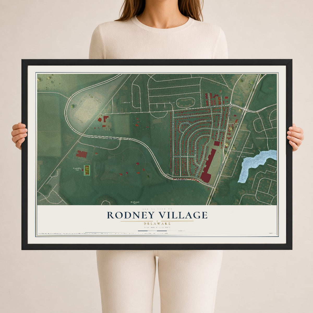 Map of Rodney Village, Delaware, 24 x 36 inch print in a black wood frame