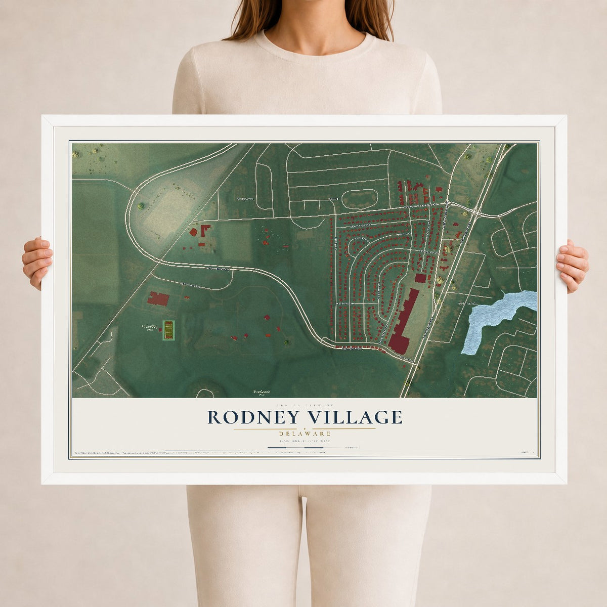Map of Rodney Village, Delaware, 24 x 36 inch print in a white wood frame