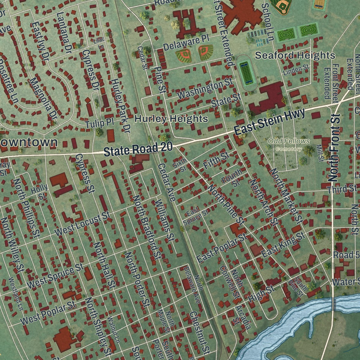 Close-up of the map of Seaford, Delaware print showing street and building detail