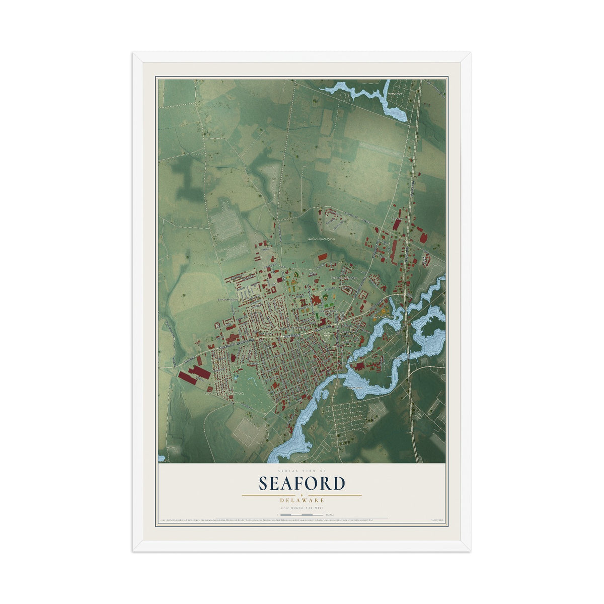 Map of Seaford, Delaware, 12 x 18 inch print in a white wood frame