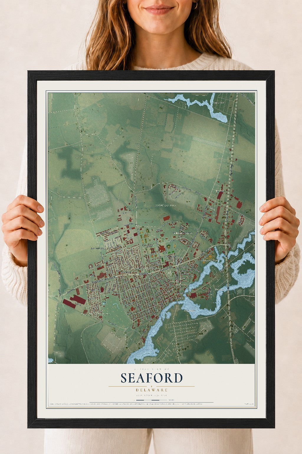 Map of Seaford, Delaware, 18 x 24 inch print in a black wood frame