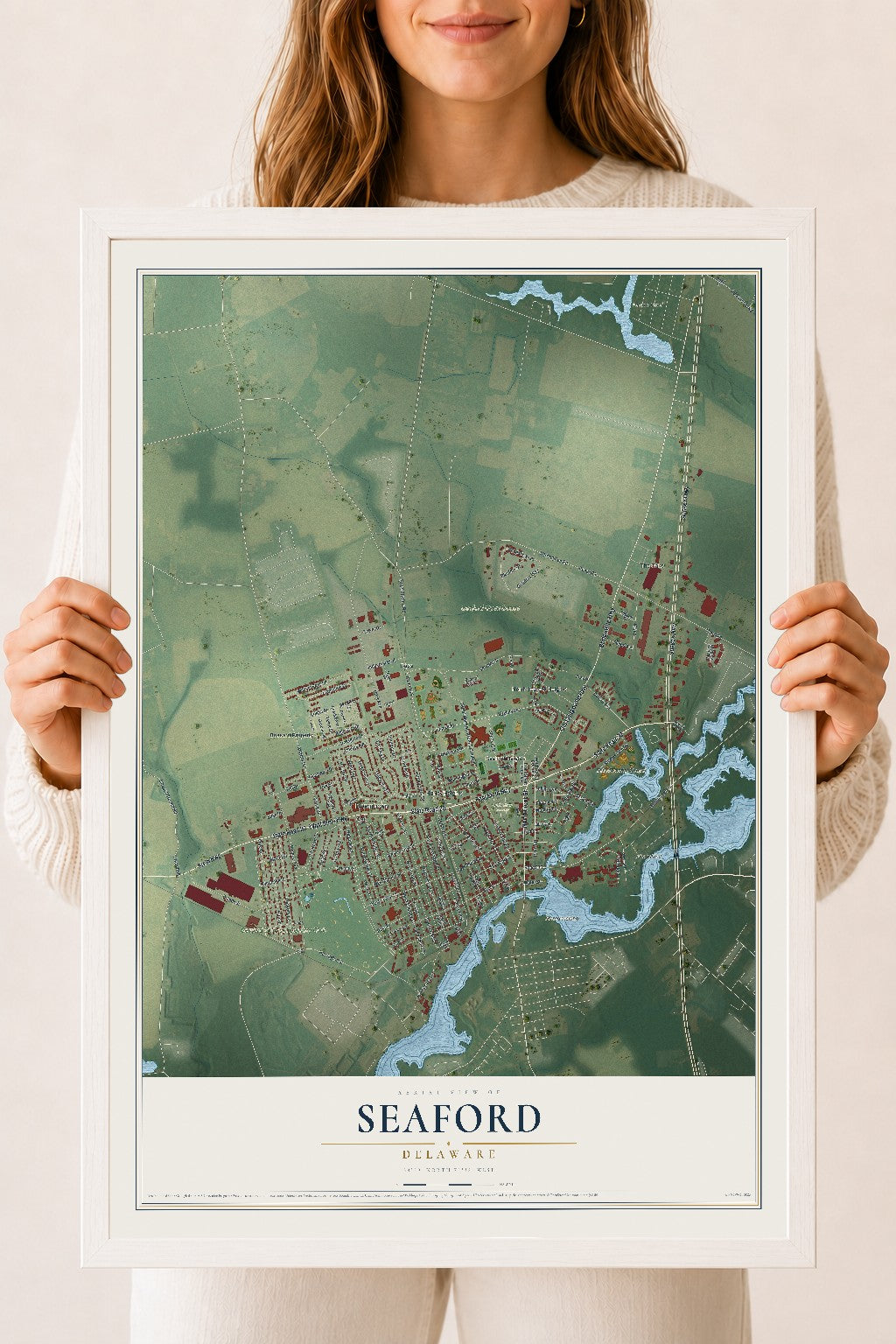 Map of Seaford, Delaware, 18 x 24 inch print in a white wood frame