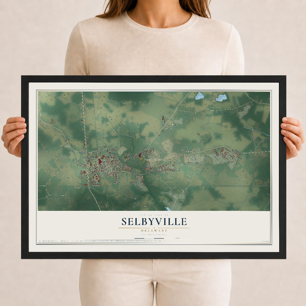 Map of Selbyville, Delaware, 12 x 18 inch print in a black wood frame