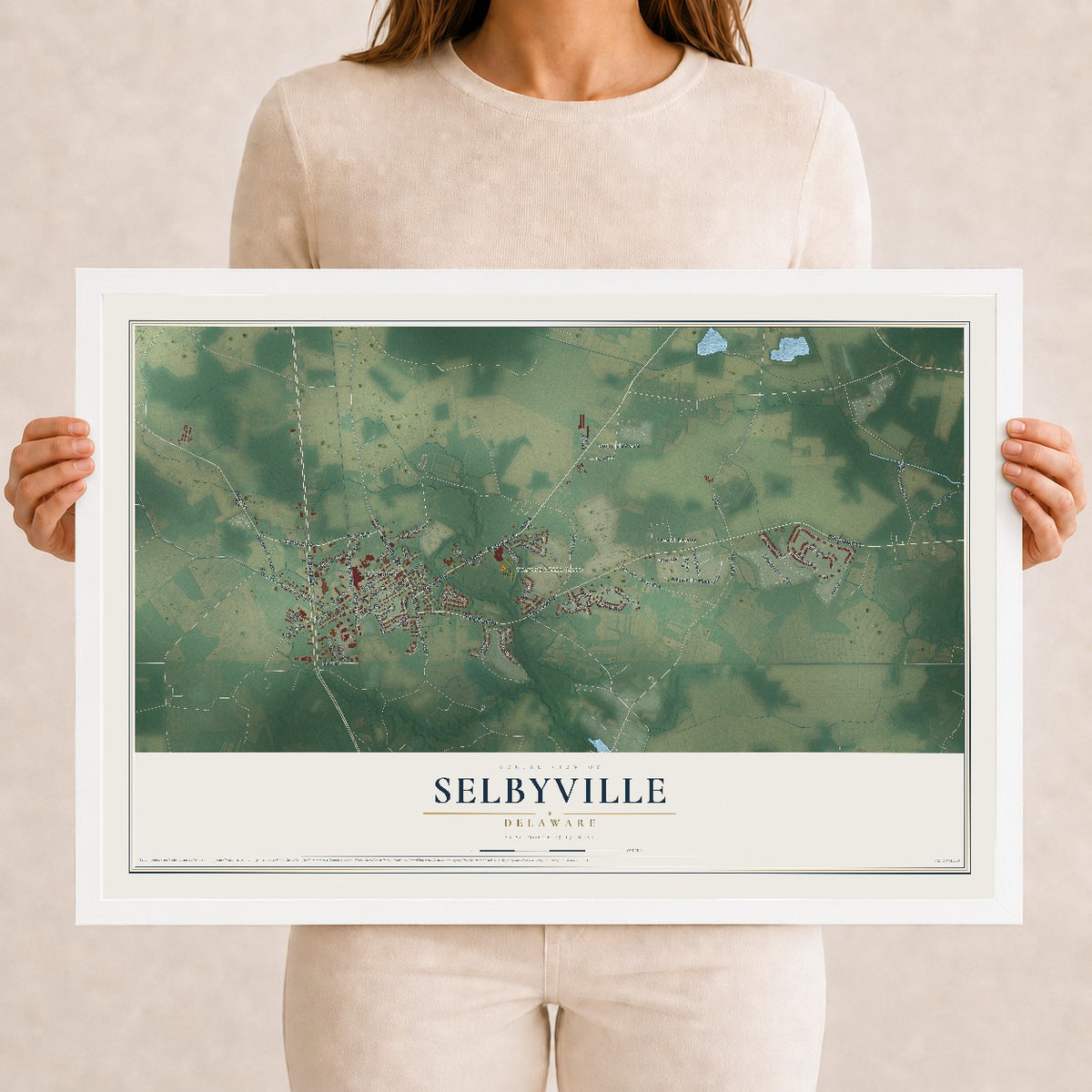 Map of Selbyville, Delaware, 12 x 18 inch print in a white wood frame