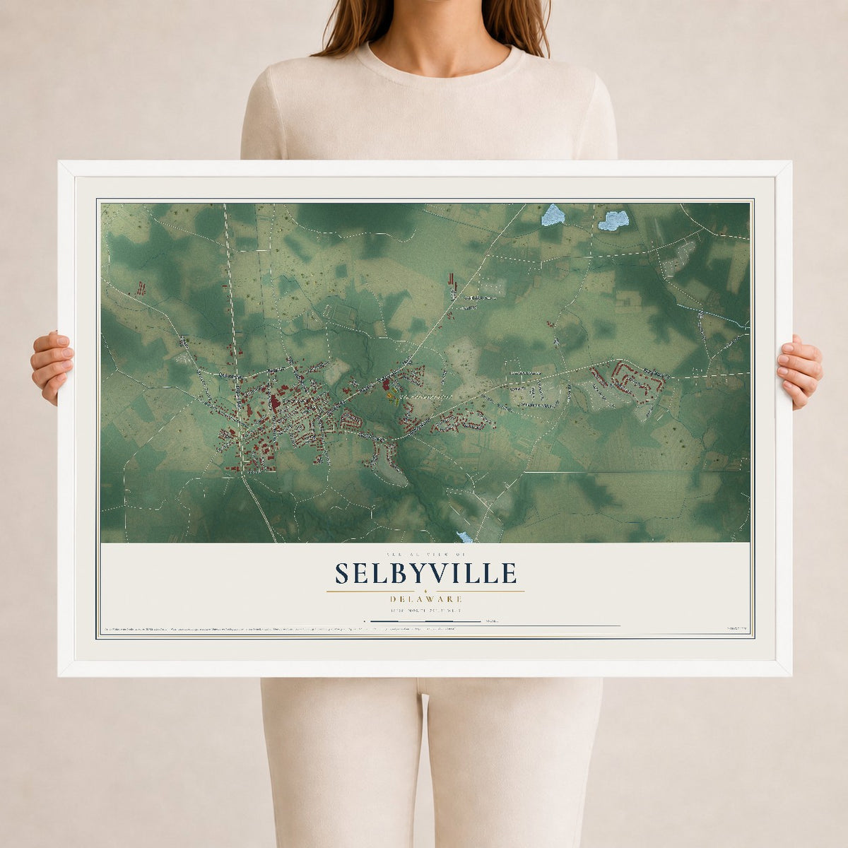 Map of Selbyville, Delaware, 24 x 36 inch print in a white wood frame