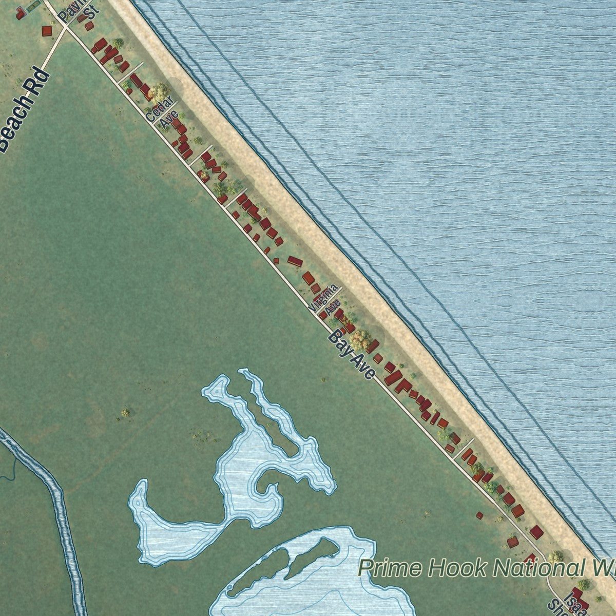 Close-up of the map of Slaughter Beach, Delaware print showing street and building detail