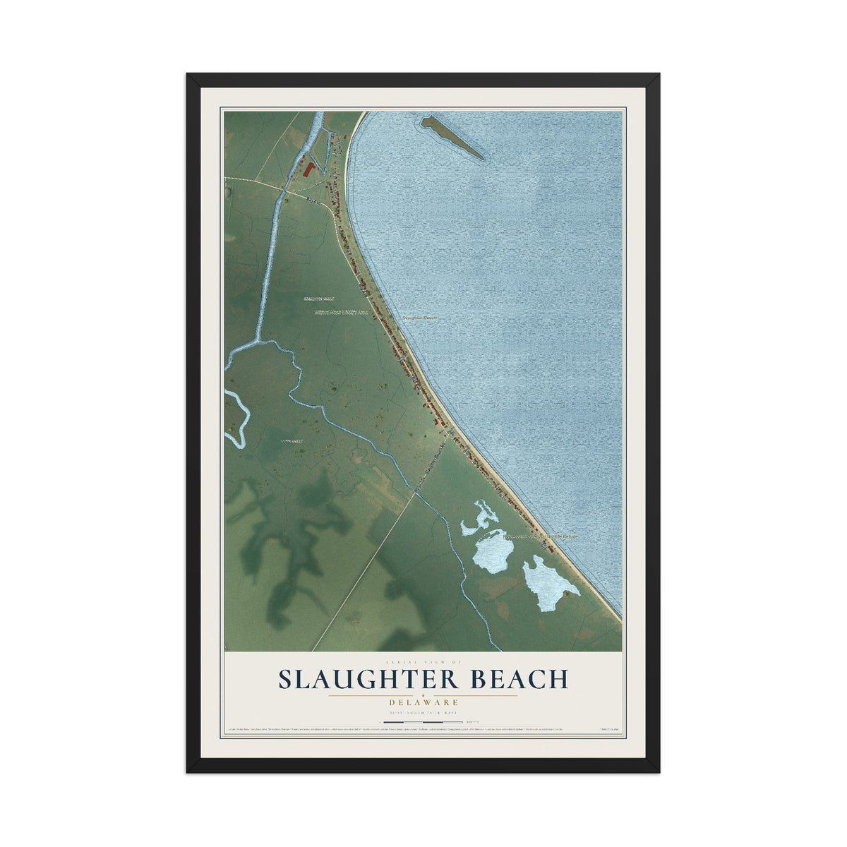 Map of Slaughter Beach, Delaware, 12 x 18 inch print in a black wood frame