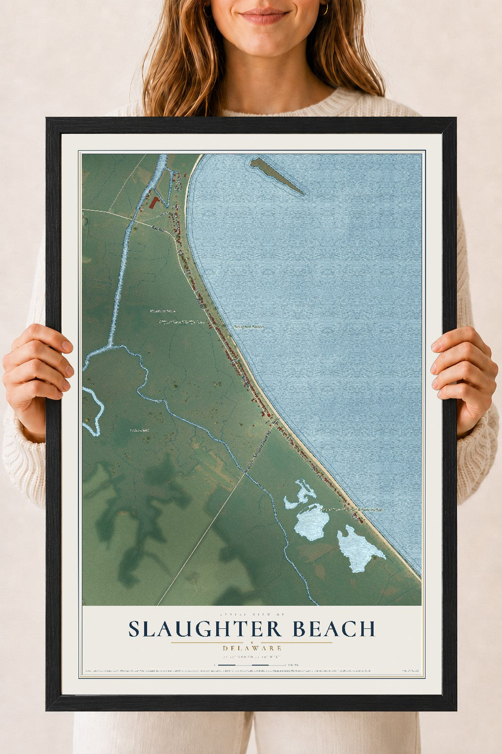 Map of Slaughter Beach, Delaware, 18 x 24 inch print in a black wood frame