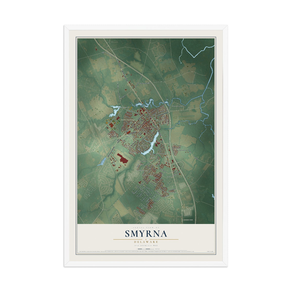 Map of Smyrna, Delaware, 12 x 18 inch print in a white wood frame