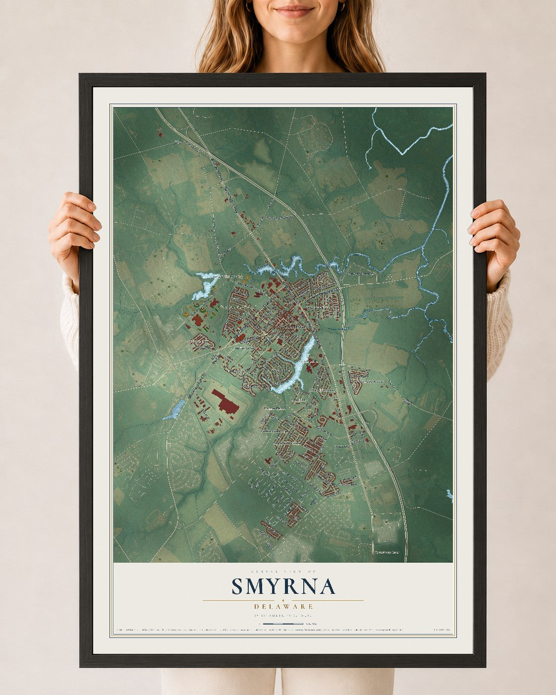 Map of Smyrna, Delaware, 24 x 36 inch print in a black wood frame