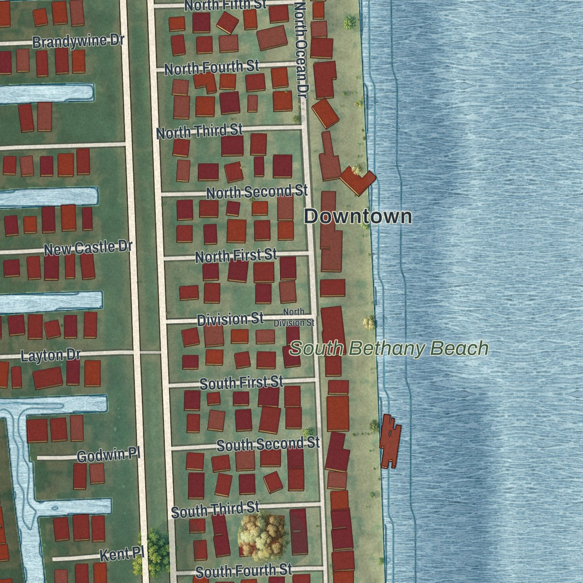 Second close-up of the map of South Bethany, Delaware print showing more streets and buildings