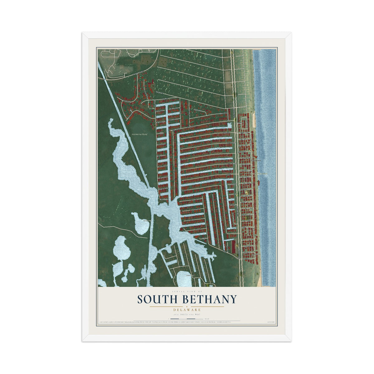Map of South Bethany, Delaware, 12 x 18 inch print in a white wood frame