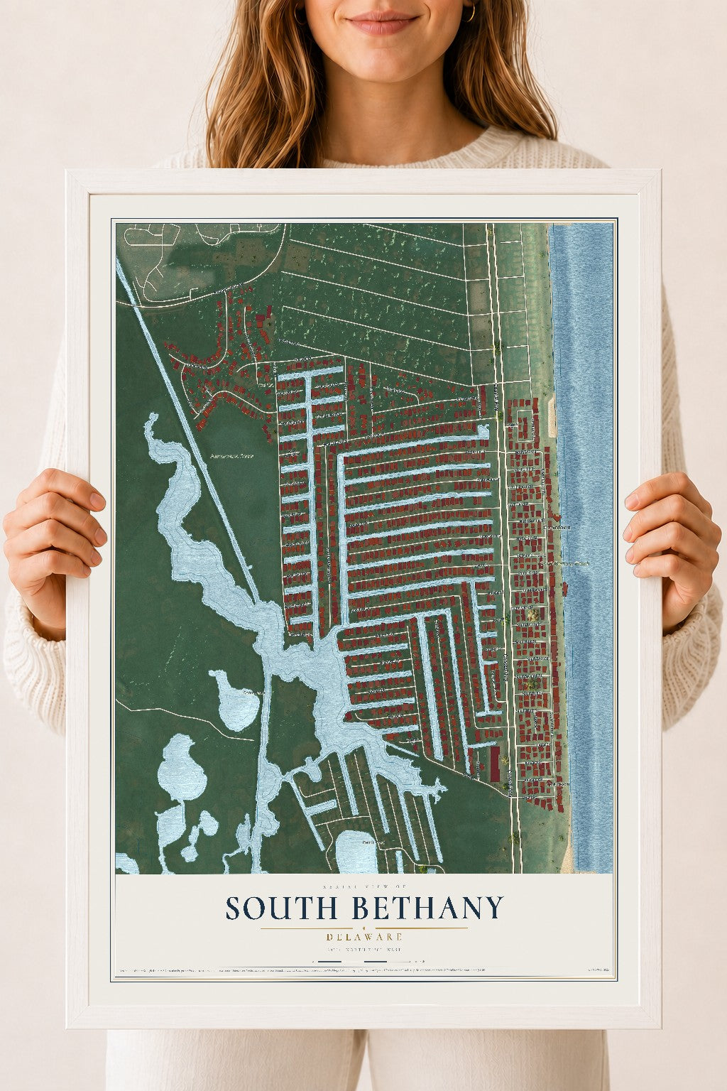 Map of South Bethany, Delaware, 18 x 24 inch print in a white wood frame