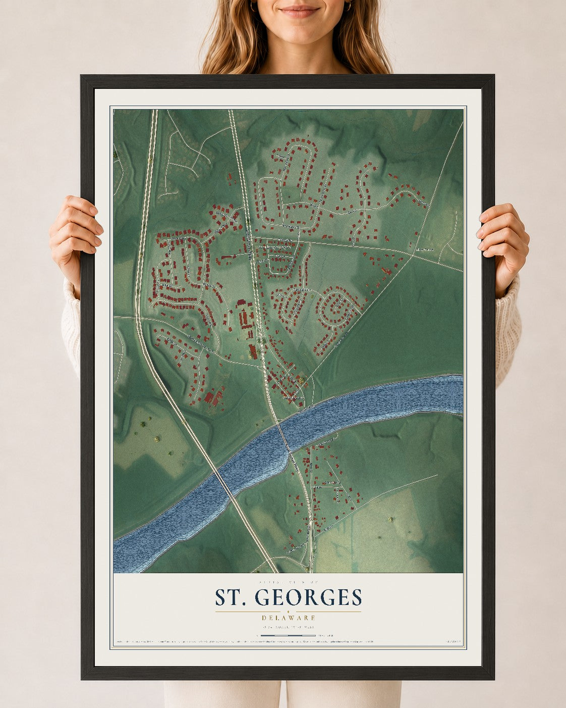 Map of St. Georges, Delaware, 24 x 36 inch print in a black wood frame